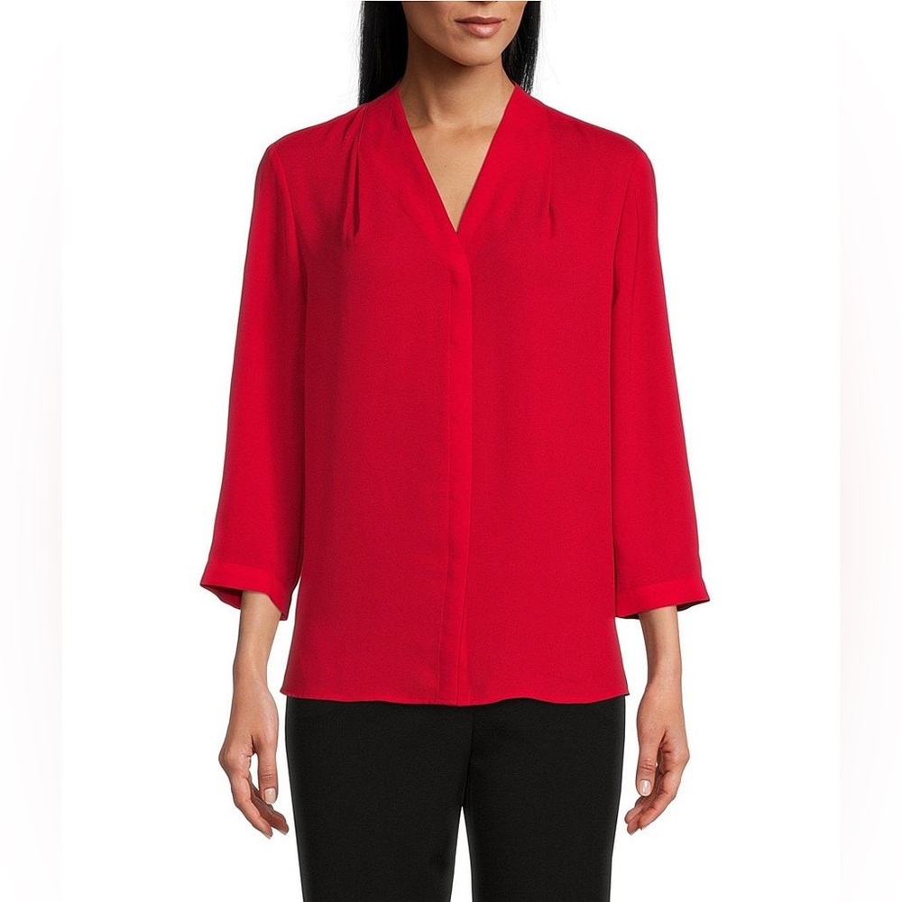 Dina Be- Red Petite Caroline Signature V-Neck 3/4 Sleeve‎ Blouse Size S
